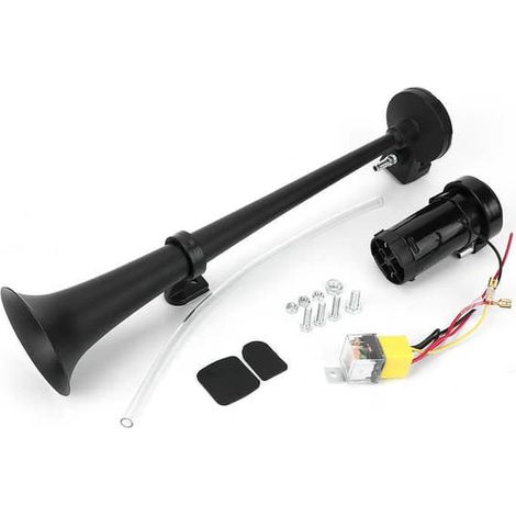Klaxon pneumatique 12 V 150 dB, 45 cm, en zinc chromé, à trompette unique, avec compresseur, compatible avec tous les véhicules 12 V (camions, trains, bateaux, voitures) (noir) (1/5)