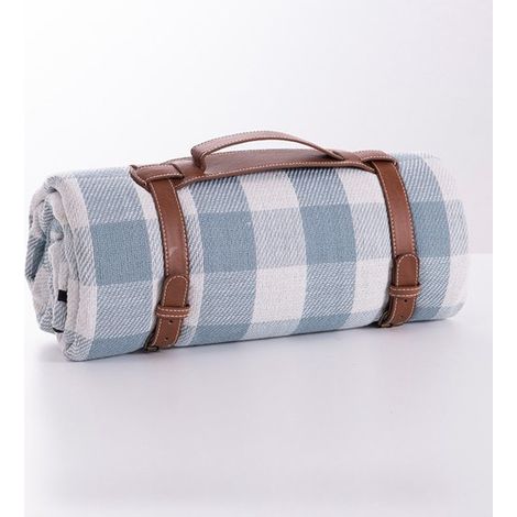Grande couverture de pique-nique imperméable 200 x 200 cm pour 3 à 8 personnes, pliable avec poignée PU, tapis anti-sable pour plage, camping et jardin, bleu (1/5)