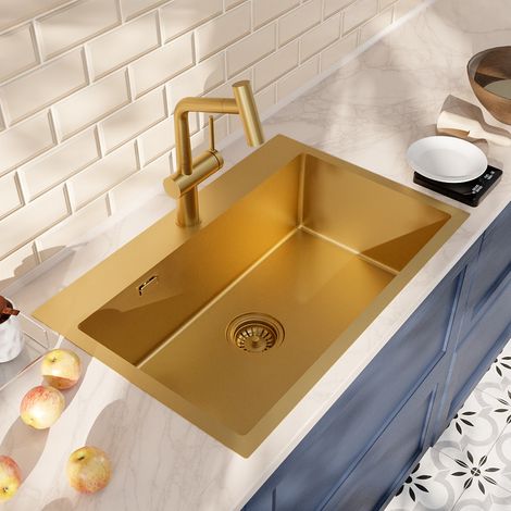 Ceramia Timeless 68x45x21 cm lavello da incasso + miscelatore in acciaio inox con doccetta estraibile, oro spazzolato