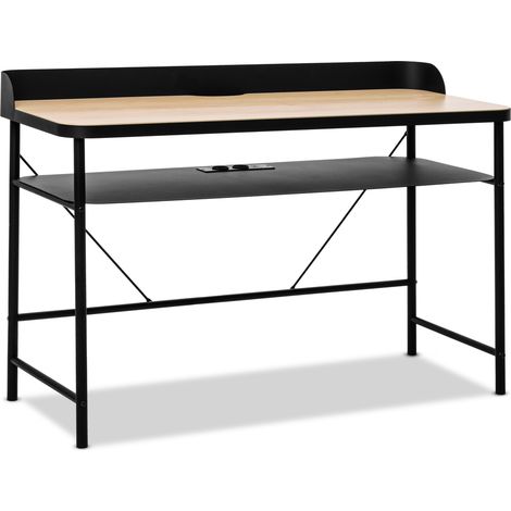 Hariyang - Schreibtisch aus Metall mit Holzablage 120x50 cm mit 2 Shuko-Buchsen und 2 USB-Anschlüssen