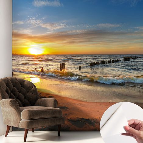 Papier peint adhésif autocollant pour salon chambre à coucher peint imprimé Installation facile Coucher de soleil sur la plage 250x250 cm (1/5)