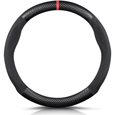 Round Shape Carbon Fibre & Microfibre PU Leather Steering Wheel Cover Non-Slip Car Steering Wheel Cover Breathable Sport Car Steering Wheel Cover for Diameter 38 cm (15 Inches) - Black Red (1/5)
