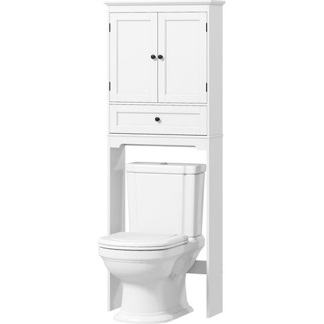 Meuble WC Rangement Dessus Toilette avec 2 Portes, Tiroir et Étagère Réglable Blanc, Rangement Complet pour vos WC, Tiroir pour Petits Objets et Étagère pour Serviettes (1/5)