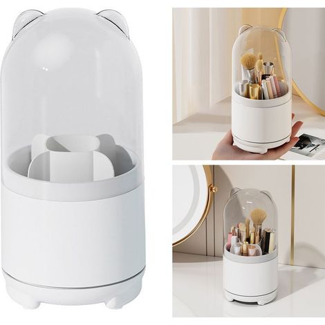 Boîte de rangement pour pinceaux de maquillage rotative à 360° avec couvercle transparent anti-poussière et grande capacité (blanche). (1/5)