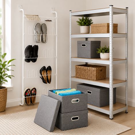Set básico de almacenamiento para el hogar (3 piezas): zapatero para colgar en la puerta, cajas plegables y estantería de acero de 5 niveles (1/5)