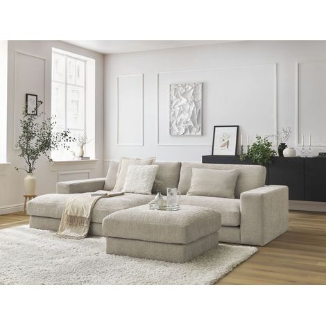 BOBOCHIC - Canapé d'angle fixe LEONARD tissu texturé avec pouf Angle gauche Beige (1/5)