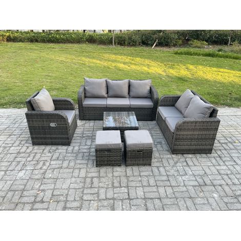 Fimous Rattan-Gartenmöbel 6 Stück Terrassenset mit Tisch und Sofa Quadratischer Couchtisch Liegestühle Loveseat Sofa 2 kleine Fußhockern (1/5)