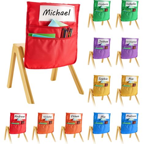 VEVOR Tasche Portaoggetti per Sedia per Aula, 433 x 481 mm Confezione da 12, Tasca Portaoggetti per Schienale Sedia con Targhetta Identificativa, 6 Colori Vivaci, per Classe, Asilo, Scuola e Casa