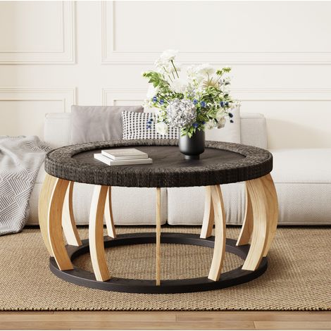Table basse ronde 90x90x43 cm noir et brun, style rotin, structure en bois et MDF, MEUBLIV (1/5)