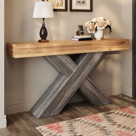 Table console étroite avec pieds en X, table console aspect bois clair pour entrée et salon, table d'appoint, 140x30x80 cm (1/5)
