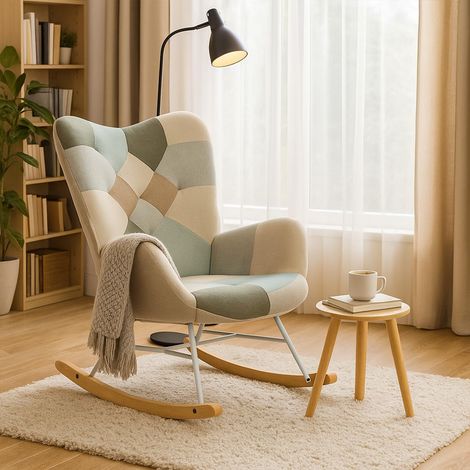 Meuble Cosy Fauteuil de Relaxation, Rocking Chair Confortable, Chaise à Bascule pour Salon en Tissu Patchwork avec Pieds Bois et Métal, Décor de Boutons (1/5)