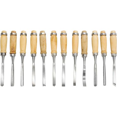 Jeu de 12 outils de sculpture sur bois, comprenant ciseaux à bois, gouges et couteaux de sculpture à main, pour travail du bois précis. (1/5)