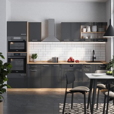 Cucina componibile R-Line, Antracite lucido/oro power oak, 300 cm con armadio alto, senza piano di lavoro, Vicco (1/5)