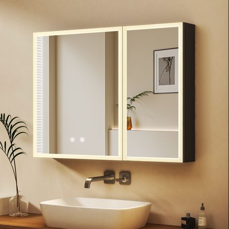 Spiegelschrank mit Beleuchtung 80 x 60 cm, Bad-Hängeschränke Spiegelschrank Bad mit Beleuchtung Badezimmer Spiegelschrank mit Touch-Schalter, 3 Einstellbare Lichtfarben, Beschlagfrei (1/5)
