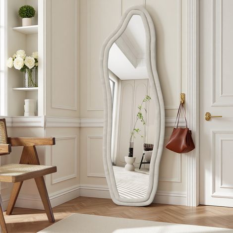 Miroir Plein Corps, 160x50cm, Design Irrégulier avec Support, Bordure Velours Verre Trempé, Chambre Salon Entrée, Blanc (1/5)