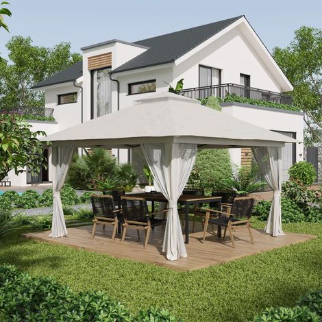 Padiglione da giardino pieghevole 392x392 cm in poliestere crema bianco, doppio tetto, 4 teli a rete, altezza regolabile (1/4)