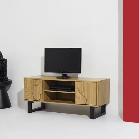 Jardibricodeco – Meuble TV élégant en bois et métal – Structure moderne marron et noir – Rangements ouverts et portes sculptées – Pour salon contemporain (1/5)