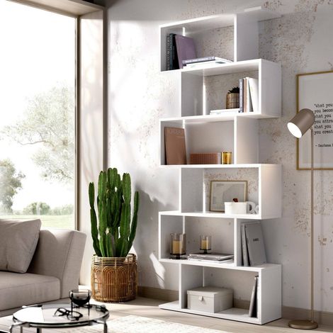 Dmora Buchhandlung Joliet, Hohes doppelseitiges Bücherregal, Trennregal mit 5 Fachböden, Modernes Büroregal, cm 80x24h192, Glänzend Weiß (1/5)