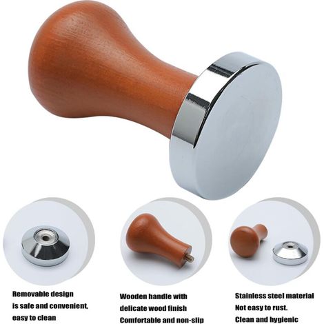 Cette cafetière à piston en acier inoxydable, avec un tasseur de 53 mm et une poignée en bois, est l'outil idéal pour les baristas. (1/4)