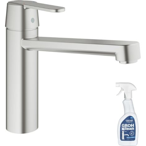 GROHE Get batidora de cocina Supersteel caño bajo + limpiador GrohClean (1/2)
