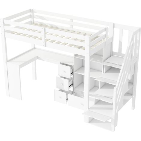 Letto a soppalco 90x200 cm con scrivania cassetti e scala contenitore bianco MODENUIT (1/5)