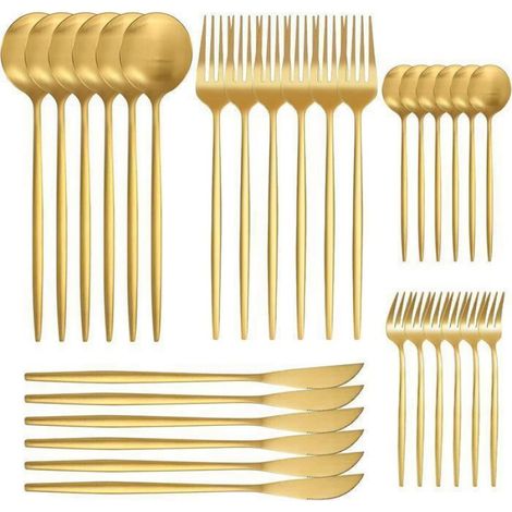 Couverts de table - - Ménagère 30 pièces - Acier inoxydable - Or - Pour 6 personnes (1/4)
