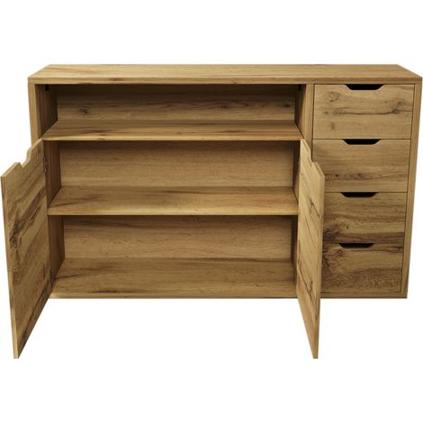 Credenza con 2 Ante, 4 Cassetti e Vano Aperto, Ripiani Regolabili, in MDF e Metallo, Rovere, 150×40×90 cm (1/5)