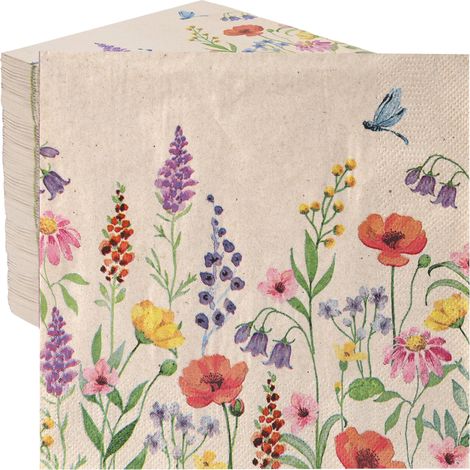Table 100 serviettes papier recyclé 2 plis 33 cm fleurs des champs, jetables pour mariages, fête des mères et tea parties, kraft naturel non blanchi (1/3)