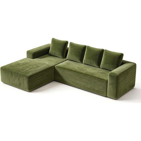 Canapé modulable en L avec méridienne à droite, velours côtelé vert, 261 x 171 x 58 cm (1/5)