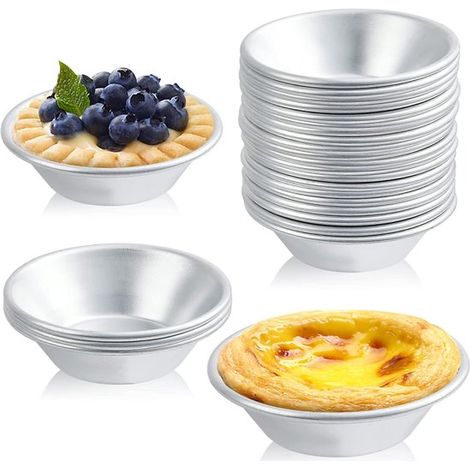 Moldes para tarta de huevo, 25 piezas, Moldes redondos para tarta de huevo, 7 cm, Redondos, Aleación de aluminio, Reutilizables, Plateados (1/5)