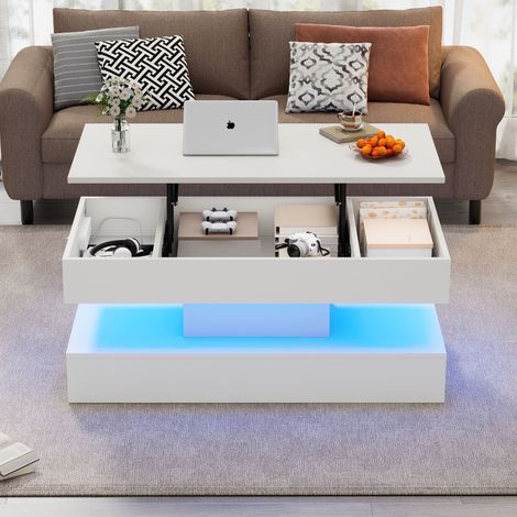 Couchtisch aus Spanplatte Weiß 100 cm, höhenverstellbare Tischplatte mit Stauraum und LED