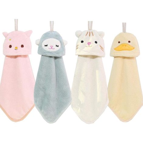 Paquet de 4 serviettes à main animaux mignons - serviettes à main sèches suspendues pour la cuisine (chat, lapin, mouton, canard) (1/5)