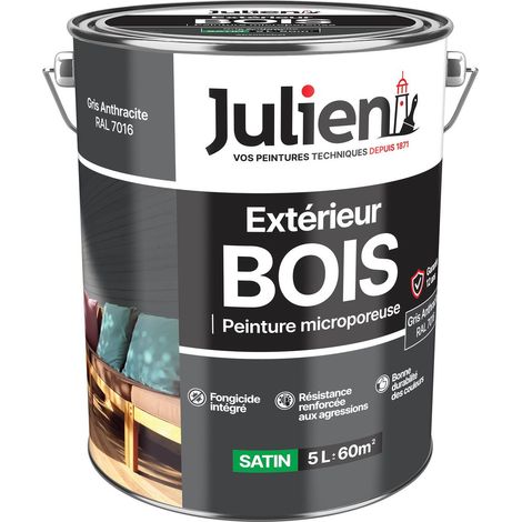 Julien Peinture Bois Microporeux Extérieur Satin - Portes, fenêtres, portails, mobilier de jardin - Gris Anthracite 5 L