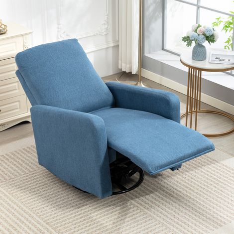 Sillón reclinable manual de 135° con reposapiés, asiento ancho, reclinable giratorio acolchado con función de balanceo, tapizado en tela efecto lino para sala de estar y salón, 76x94x100 cm, azul. (1/5)