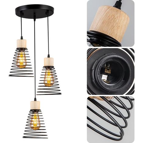 Suspension Luminaire Industrielle,Suspension luminaire bois à 3 têtes E27,Plafonnier en métal avec bois,Plafonnier Industriel pour cuisine,salle à manger,salon,restaurant,sous-sol,noir. (1/5)