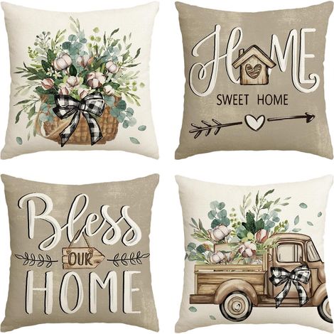 Kapok Truck Flower Basket Printemps Housse de Coussin Lot de 4, 45 x 45 cm Housse de Coussin Décorative pour la Maison, Canapé, Décoration du Salon (1/5)