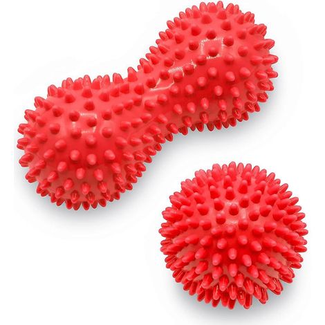 Stachelmassageball, 9 cm großer Igelmassageball und 15 cm große Fußmassagerolle, Massageball-Set – rot (1/5)