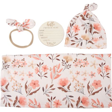 Écharpe de portage 4 pièces imprimée florale pour nouveau-né, bandeau inclus - Couverture respirante et douce pour bébé, type enveloppe (1/5)