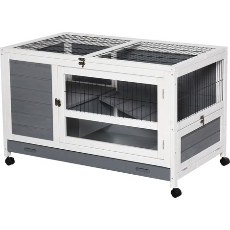 Clapier en bois pour lapin - Gris - Avec plateau coulissant, porte verrouillable et dessus ouvrable - Cage à lapin villa - Pour intérieur, extérieur - Design pratique (1/5)