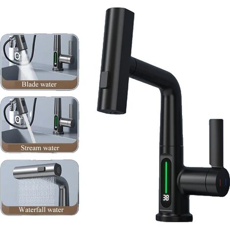 Grifo de lavabo de baño, caño extraíble, sensible a la temperatura, negro. (1/2)