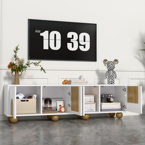 Meuble TV à quatre portes, support TV, panneau mural et console TV basse. Doté d'un design unique et d'une finition effet bois vintage.