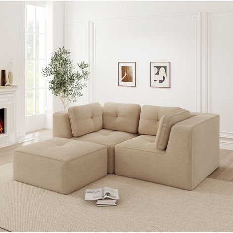 Ecksofa 2-Sitzer Beige aus Cord, modular mit beweglichem Hocker (1/5)