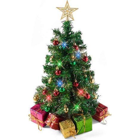 Sapin de Noël de table (sur pied) avec lumières LED multicolores (prise britannique), étoile décorative et 5 boîtes cadeaux, petites décorations de sapin de Noël (1/2)