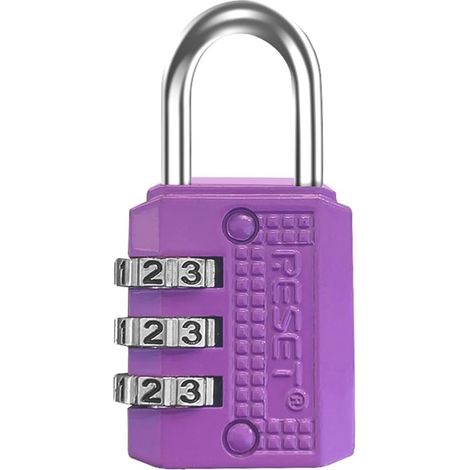 RESET-071 Cadenas à code 3 chiffres réinitialisable, violet, 1 pièce Un petit cadenas sans clé à 3 chiffres pour fermetures éclair, carnets personnels et petites boîtes en intérieur. (1/5)