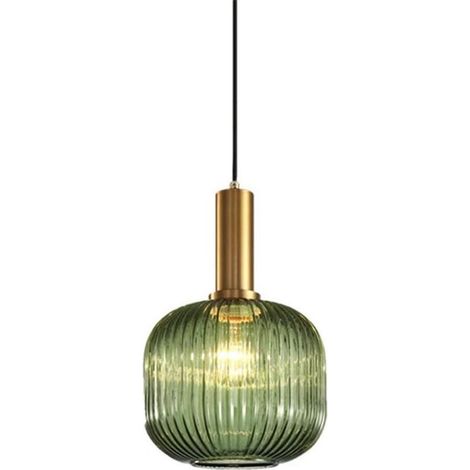 Suspension vintage industrielle en verre rayé – Abat-jour 30 cm – Support laiton poli – Hauteur 18 cm – Douille E27 – Tension 210-240V (1/5)