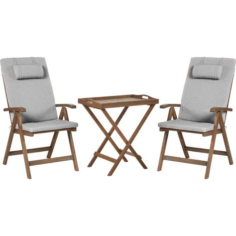 Conjunto de balcón rústico de acacia maciza natural mesa y 2 sillas plegables con cojines gris jaspeado Amantea Premium