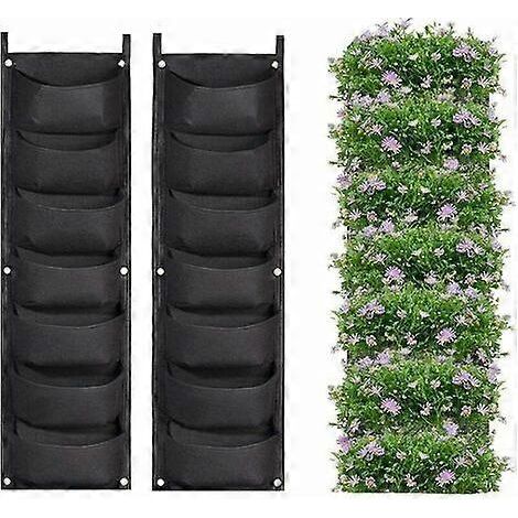 Lot de 2 sacs de jardinage suspendus, 7 poches de jardinières murales verticales pour l'intérieur et l'extérieur, jardinage, jardinières vertes verticales (noir) (1/4)