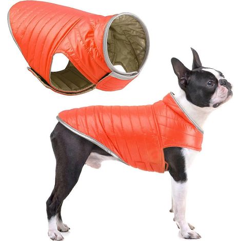 Manteau réversible pour chien, chaud et imperméable, idéal pour l'hiver, pour chiots de petite, moyenne et grande taille (orange - S). (1/5)