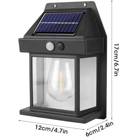 Applique Murale Extérieures Solaire en Tungstène,Lot de 2 Lampadaire Solaire Exterieur avec Capteur De Mouvement,Blanc Chaud Lanterne Murale Rétro Étanche IP65 LED pour Patio Clôture (1/5)