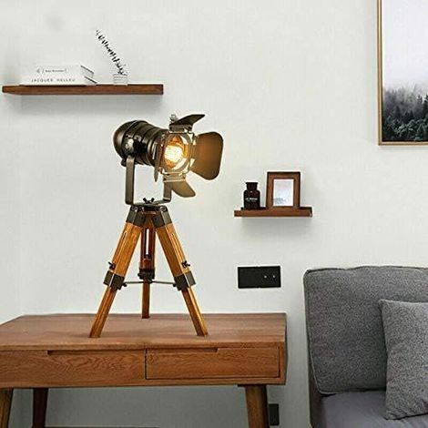 Trépied vintage noir rétro, lampe de table LED industrielle réglable en hauteur, décoration industrielle en bois, accessoires de cinéma pour chambre à coucher, salon (1/5)
